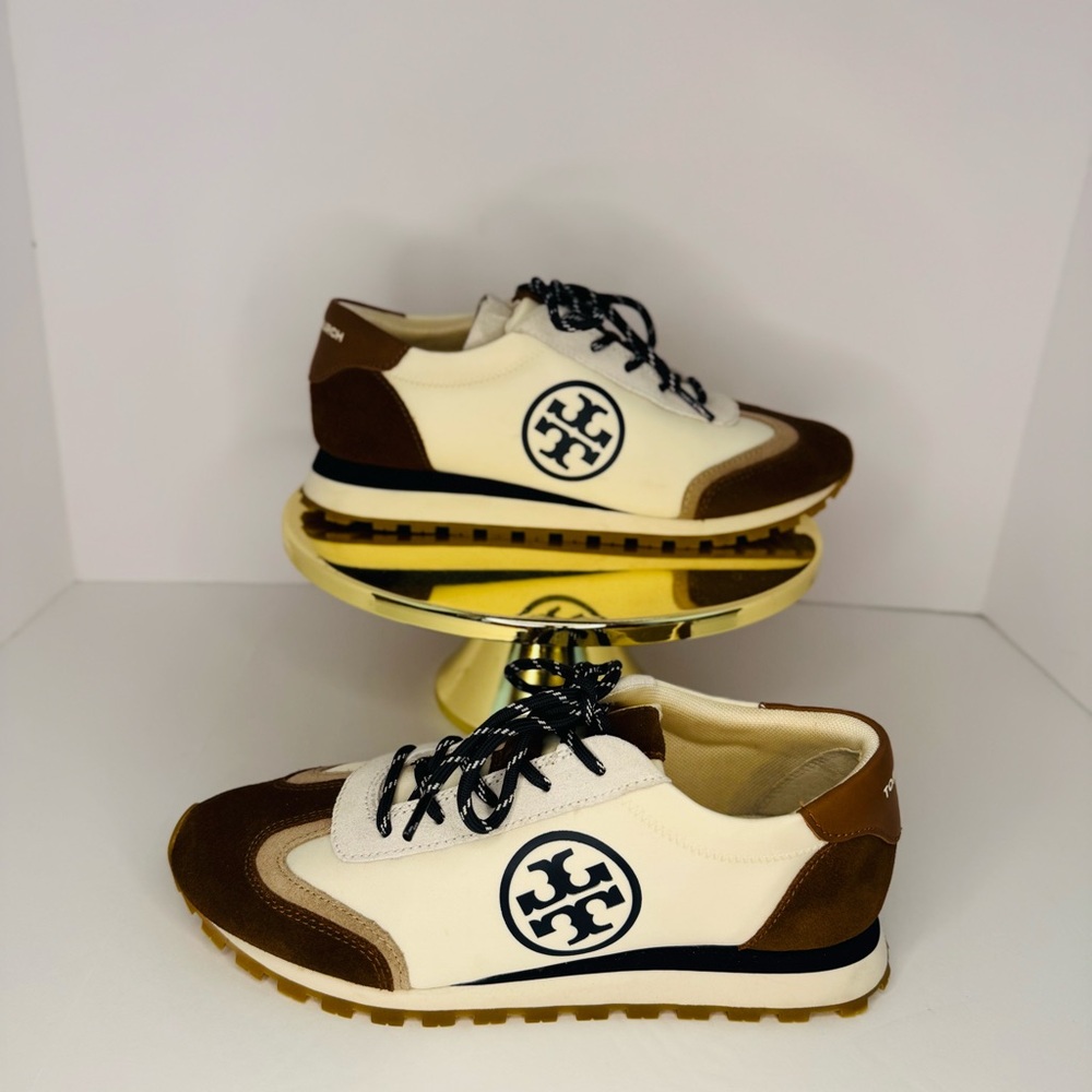 Tory Burch Nylon Runner Sneakers Size 7: Ivory/Sella/Oakwood. Brand New in Box